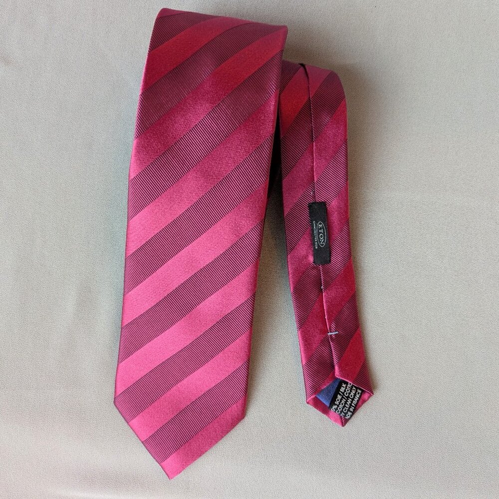 ETON Men's Red Maroon Striped Silk  Cotton Tie Made In France W3.25” L60"